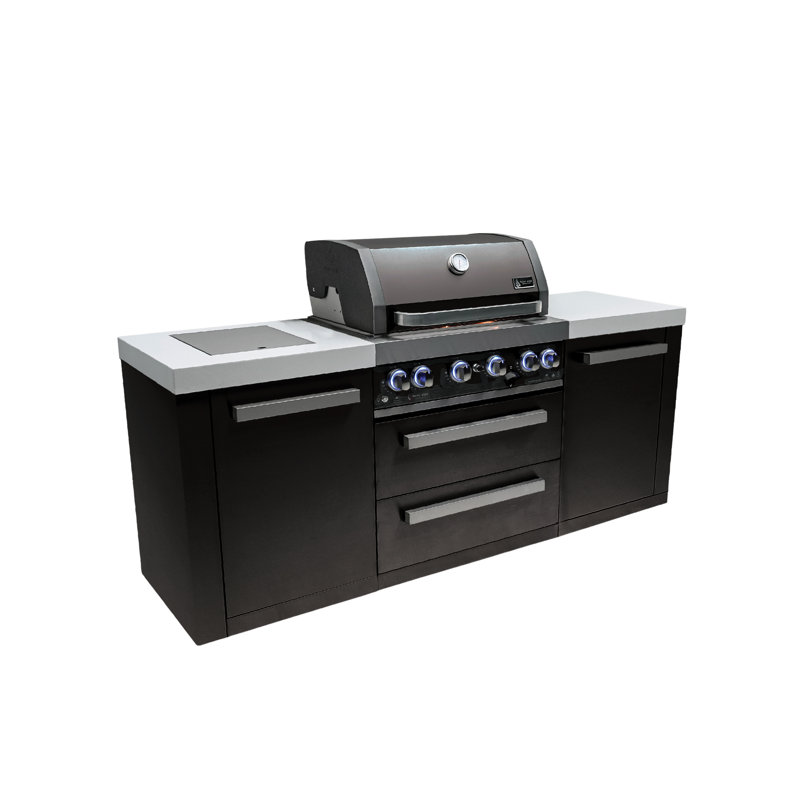 Mont Alpi Premium 82"W X 23"D X 46"H Black Stainless Steel Modular Outdoor Kitchen Island With Infrared Side Burner + 32"W 4-Burner Bbq Grill + Granite Countertops + Storage Cabinets + Rotisserie Kit + Cover + Natural Gas Convertible + Lifetime Warranty