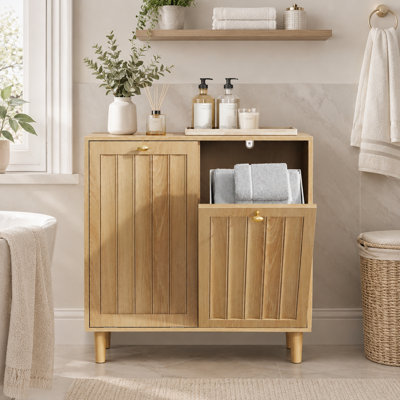 Hidden Laundry Hamper With Modern Minimalist Design, Solid Wood, Oak Finish