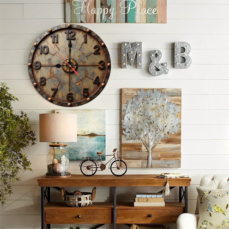 Horloge murale 10 po en MDF rond avec mouvement à quartz silencieux et crochet sans perceuse (piles AA non incluses)