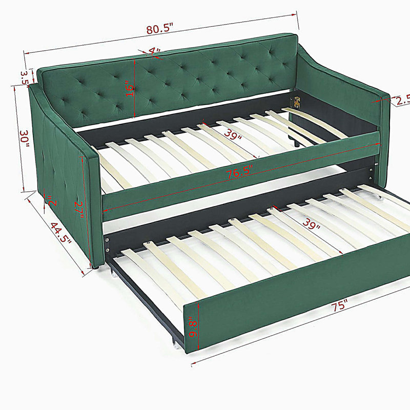 Twin Size Daybed with Twin Size Trundle, Upholstered Tufted Sofa Bed, Green