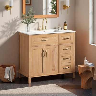 Meuble-lavabo 36 po à grain de bois naturel avec lavabo en céramique, portes doubles à fermeture douce et 4 tiroirs