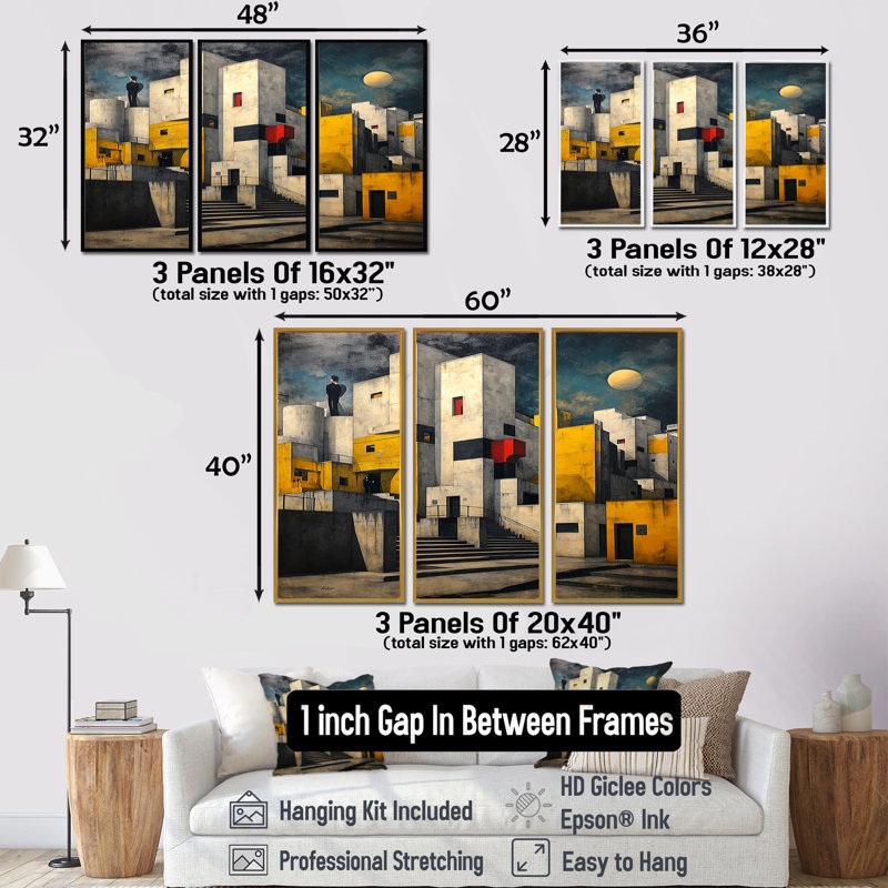 Cramblitt - City Buildings, ensemble de reproductions d'art mural, Cadre flottant doré, H 32 po x l 48 po x P 1 po