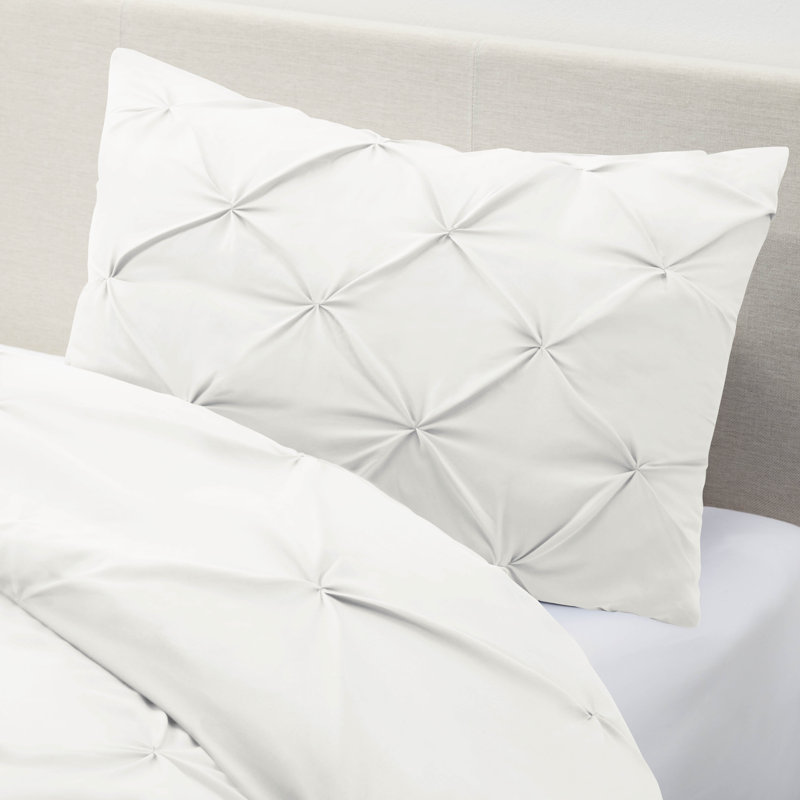 Double Brushed Pleated Duvet Cover Set, White, Twin Duvet Cover + 1 Standard Pillowcase