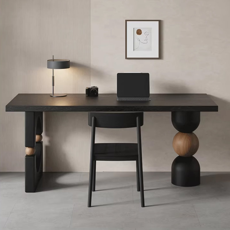 Bureau rectangulaire en bois massif noir et brun noisette, H 29,53 po x l 86,61 po x P 23,62 po