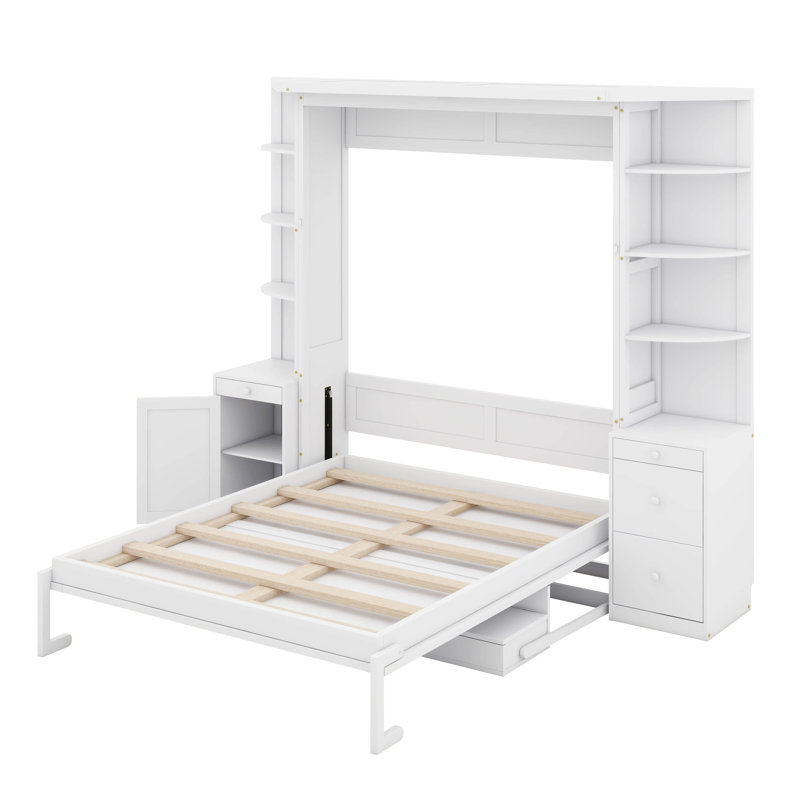 Grand lit escamotable avec bureau et tablettes, cadre de lit mural avec étagères et armoires intégrées, lit rabattable tout-en-un