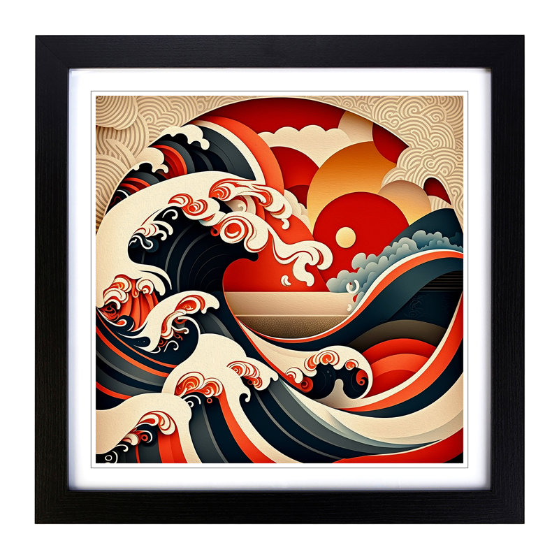 Japanese Wave Constructivism - Single Picture Frame Print on Wood, Black