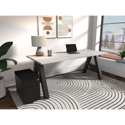 Serenity Modern A-Frame Executive Writing Office Desk, with Cushion Top Mobile Storage, 66x30, White Top