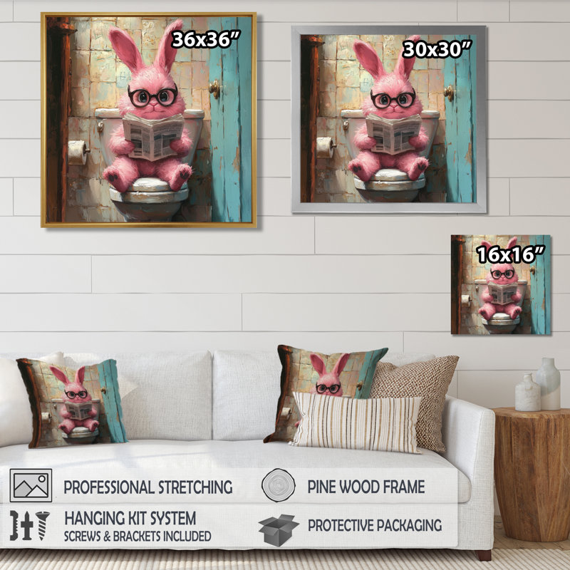 Kennert lapin lisant les nouvelles dans la toilette II - lapin, art mural sur toile, Reproduction encadrée d'une seule photo