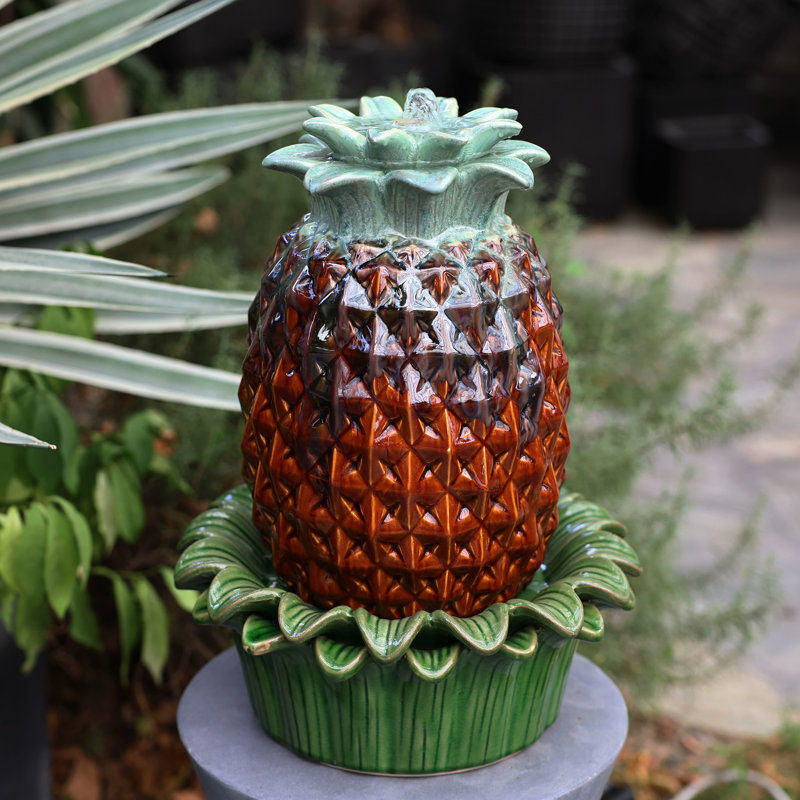 Amyas Pineapple Ceramic Indoor/Outdoor 17.1-In Tall Bubbler Tabletop Fountain, Brown/Green