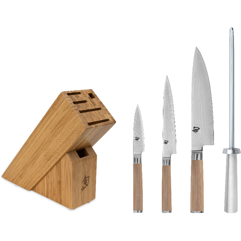 Shun Classic Blonde 5 Piece Starter Block Set, Includes 8" Chef, 3.5" Paring & 6" Utility Knives, Handcrafted Japanese Knife Block Set, Damascus Stainless Steel Cladding, Pakkawood Handle
