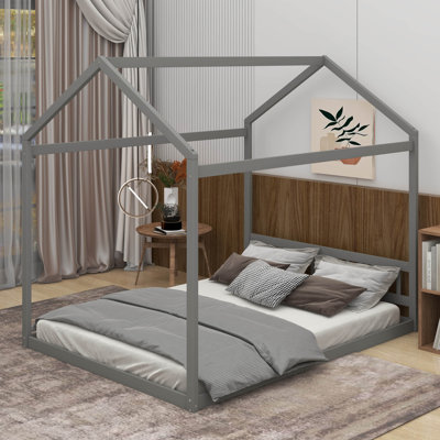 Structure de lit Villebois, lit maison en bois avec tête de lit, lit plateforme