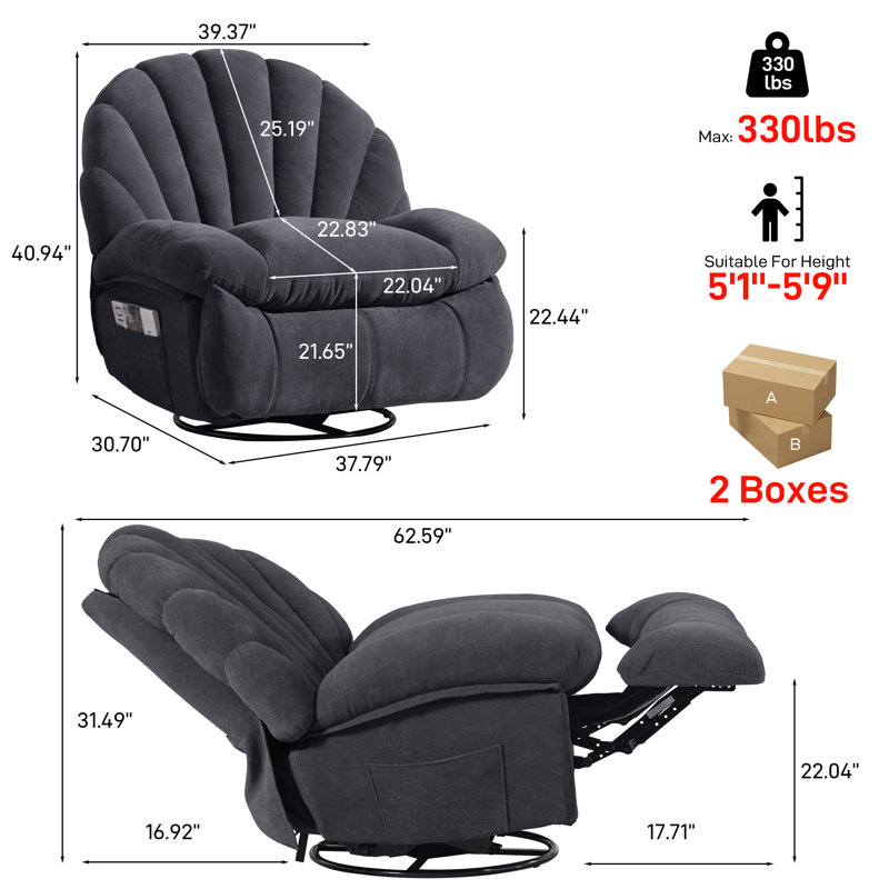 Wide Modern Style Accent Swivel And Rocker Recliner Chair, Gray