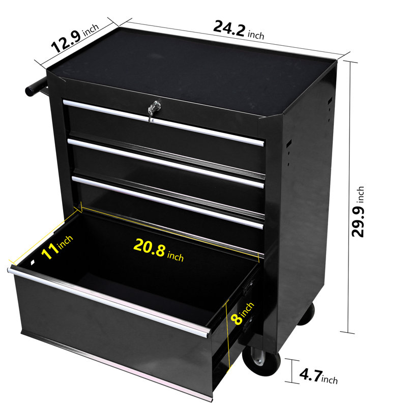 Chariot à outils robuste à 4 tiroirs avec serrure - Garage Solution de rangement pour atelier verrouillable noir