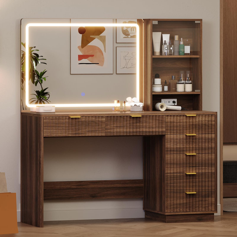Meuble-lavabo cannelé avec grand miroir et lumières, Brown