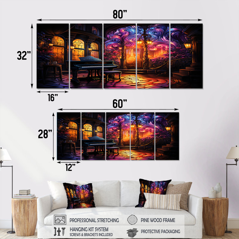«Gothic Piano Chruch Melody - Music Piano», art mural 5 pièces pour le salon, H 28 po x l 60 po