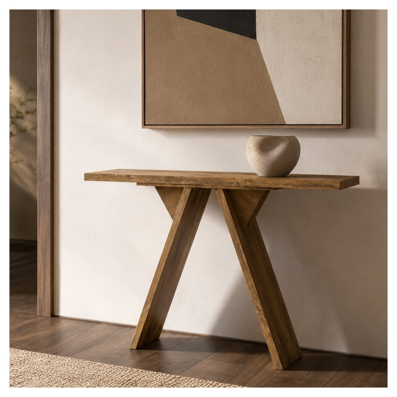 Console de 43,4 pouces de style Mid-Century avec pieds en forme de V et finition en bois naturel