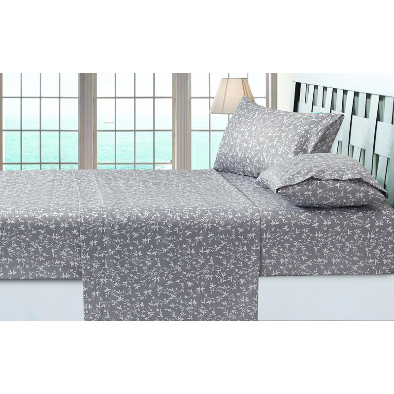 Microfiber Floral Sheet Set, Queen Sheet Set + Fitted Sheet + 2 Pillowcases, Gray Flower