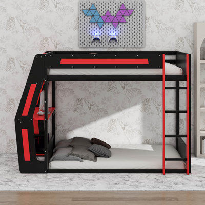 Full-Size Gaming Bunk Bed With Side-Mounted Oversized RGB Desk, USB Charging Ports & Cable Grommet, LED Light Strip