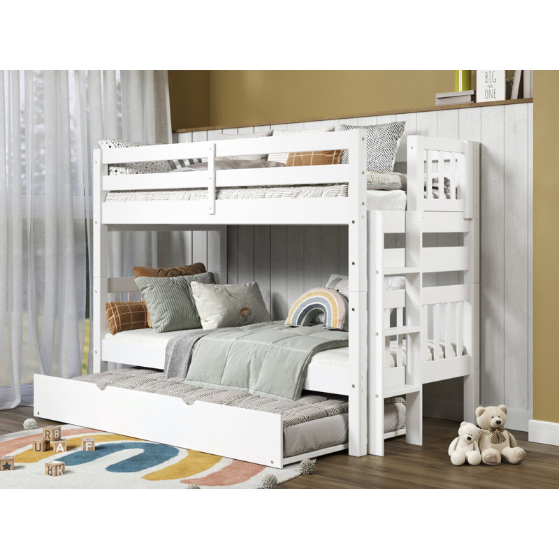 Treva Solid Wood Standard Twin over Twin Bunk Beds with Ladder and Twin Trundle, White