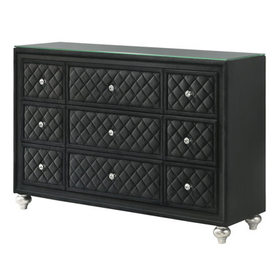Luxurious Velvet Tufted Nine-Drawer Dresser with Faux Crystal Knobs and Elegant Diamond-Patterned Accents, Perfect for Sophisticated Bedrooms