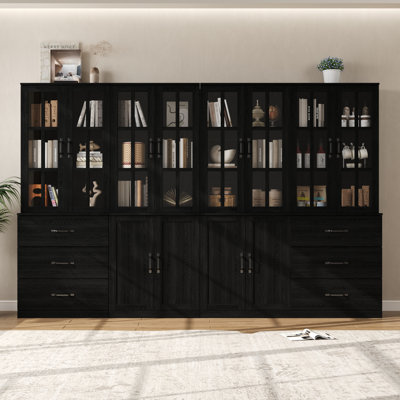 71" H X 94.4" W Bookcase Cabinet With Glass Doors And Large Storage Drawers(2C+2D)