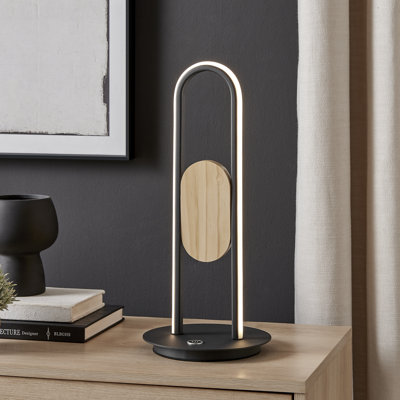 Lampe de table satinée noire et bois