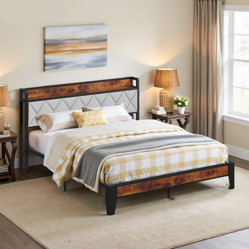 Platform Bed Frame with Upholstered Adjustable Headboard, No Box Spring Needed, Full