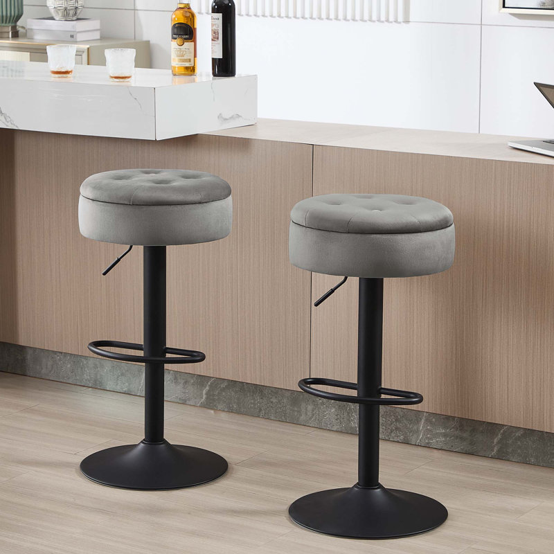 Swivel Upholstered Velvet Adjustable Height Bar Stool, 1, Light Grey