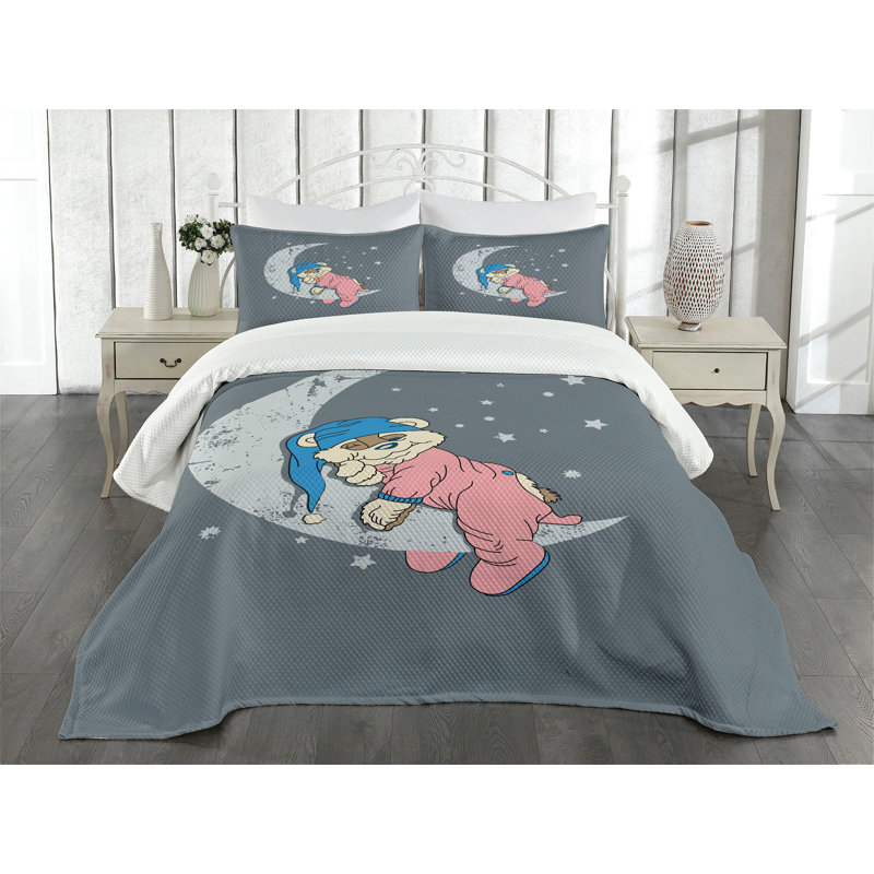 Ensemble de couvre-lit Ambesonne Bear Sleeping on the Moon, Couvre-lit grand et 2 taies décoratives