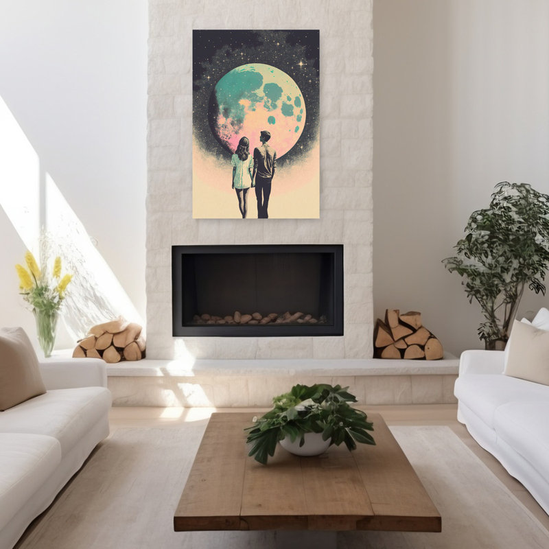 «Lunar Lovers 'Journey Dreamy Retro Romantic Landscape Nature, art mural, H 48 po x l 32 po