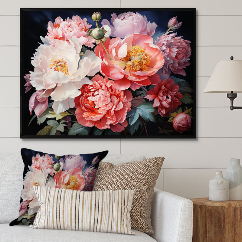 Art de Chine, bouquet de pivoines - Art encadré, 30" H x 40" W, Cadre flottant noir