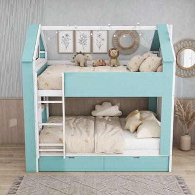 Lit superposé double en bois avec bande lumineuse, 2 tiroirs et tablettes