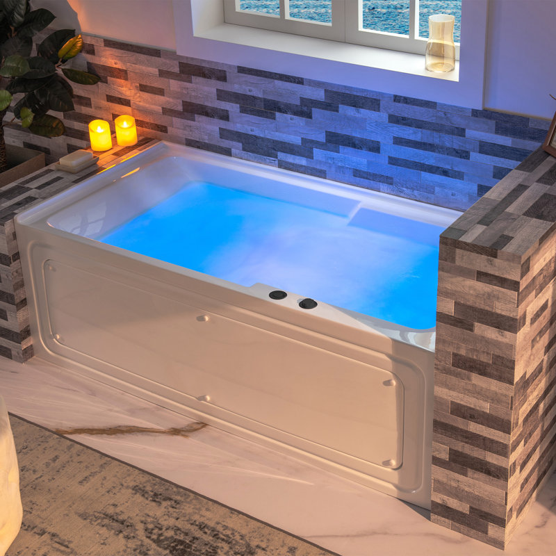 60" x 30" Whirlpool Heated Rectangular Alcove Acrylic Bathtub with Chrome/Matte Black Drain and Overflow, Matte Black, Right