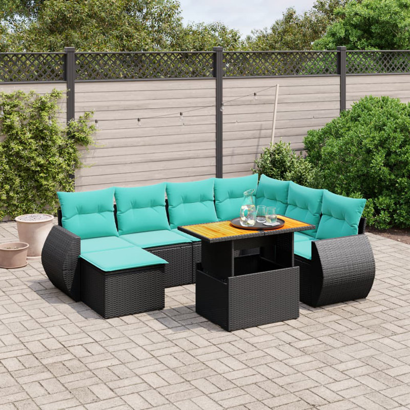  Ensemble de canapé de patio 8 pièces avec coussins en rotin de polyester, Noir, Vert