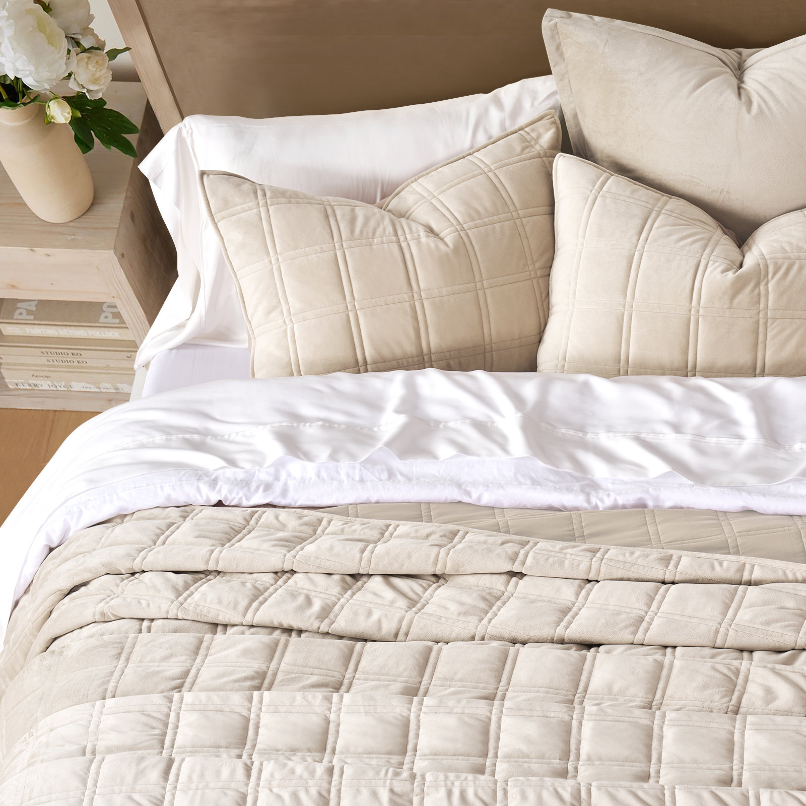 Double Box Stitch Velvet Quilt set, Queen Quilt + 2 Queen Shams, Beige