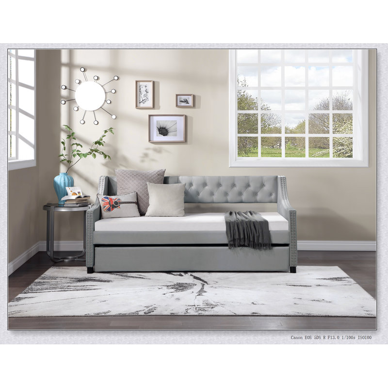 Upholstered Daybed With Trundle, Wood Frame With Tufted Buttons And Copper Nails