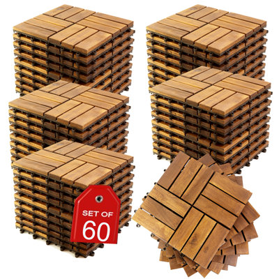 Acacia Wood Interlocking Deck Tiles, 12"x12" Outdoor & Indoor Flooring (60-Pack, nature wood) - Water-Resistant, Anti-Slip Surface, Easy Lock Installation for Patio, Balcony, Garden - Covers 60 Sq Ft