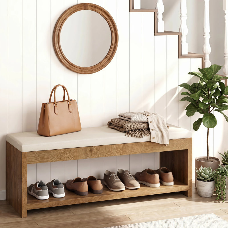 Banc de rangement pour chaussures en bois 55,1 pouces avec siège rembourré et tablette de rangement pour chaussures