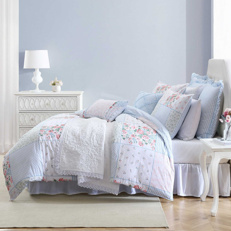 Laura Ashley Hope Patchwork Cotton Blue Bonus Duvet Cover Set, King Duvet Cover + 6 Additional Pieces