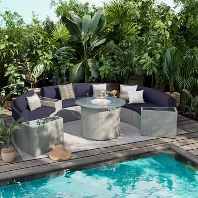 Meredithe Half-Moon 6 - Person Fully Assembled Curved Patio Conversation Set With Fire Pit Table & Side Table by Latitude Run