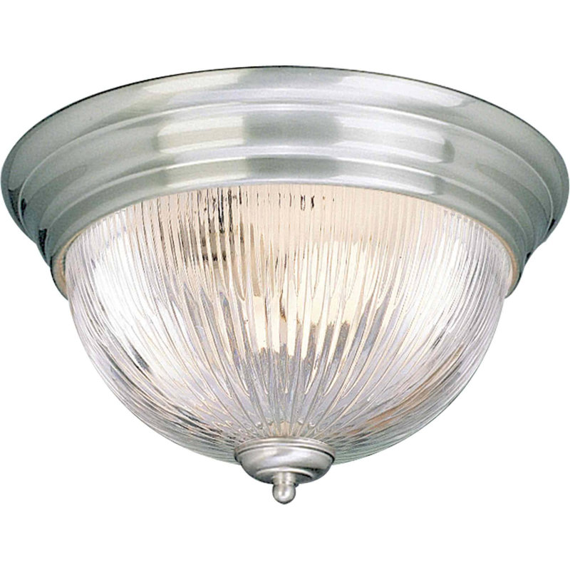 2-Light 13"W Indoor Round Brushed Nickel Flush Mount with Clear Ribbed Glass, Brushed Nickel