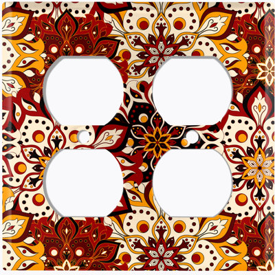 Metal Light Switch Plate Outlet Cover (Red Tan Bundle Mandala Flowers Tile   - Double Duplex)
