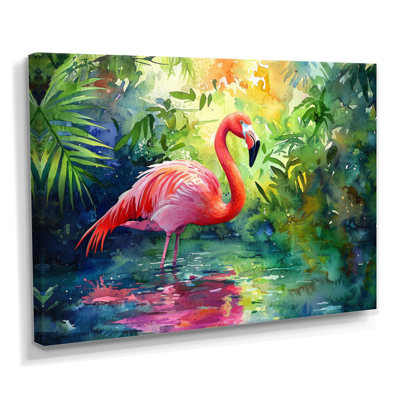 Flamant rose dans la lagune II - flamant rose, art mural, H 34 po x l 44 po, Toile tendue sur cadre, Ne s’applique pas