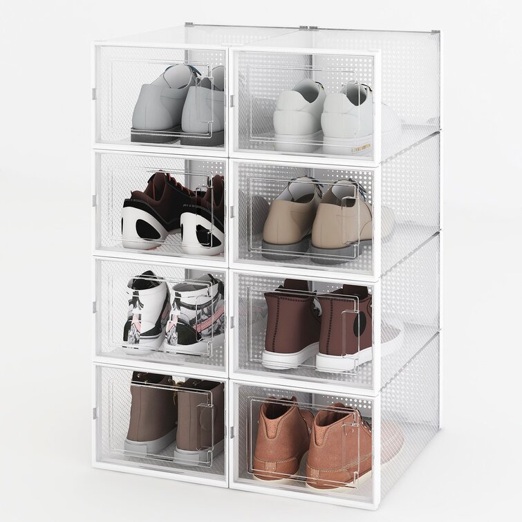 8-Pair White Foldable Stackable Storage Plastic Shoe Boxes