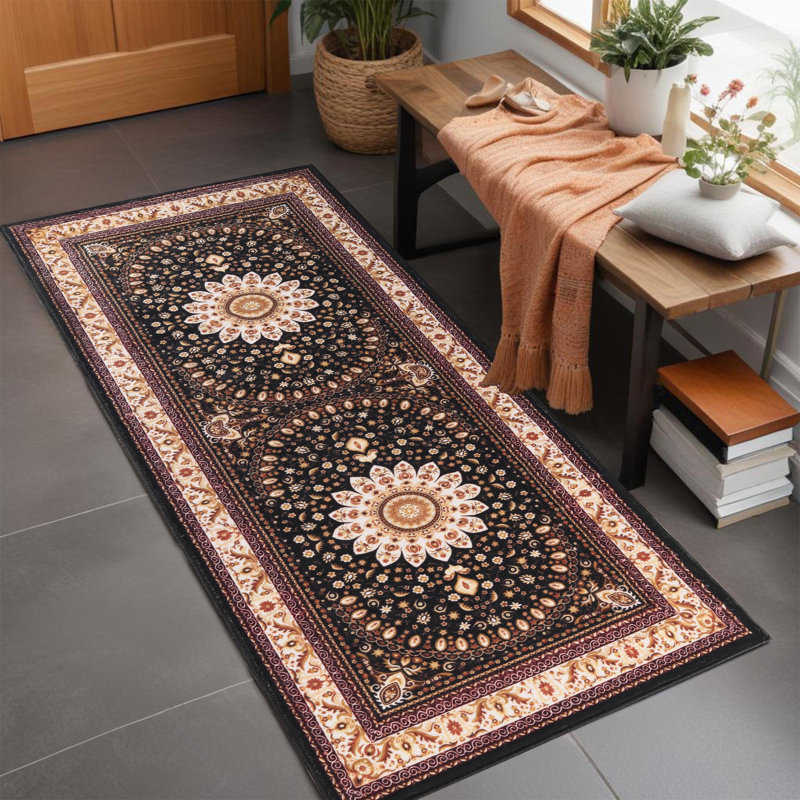 Clavene Milan Classic Floral Medallion Washable 100% Nylon Indoor Area Rug, Runner 2'7" x 6' 