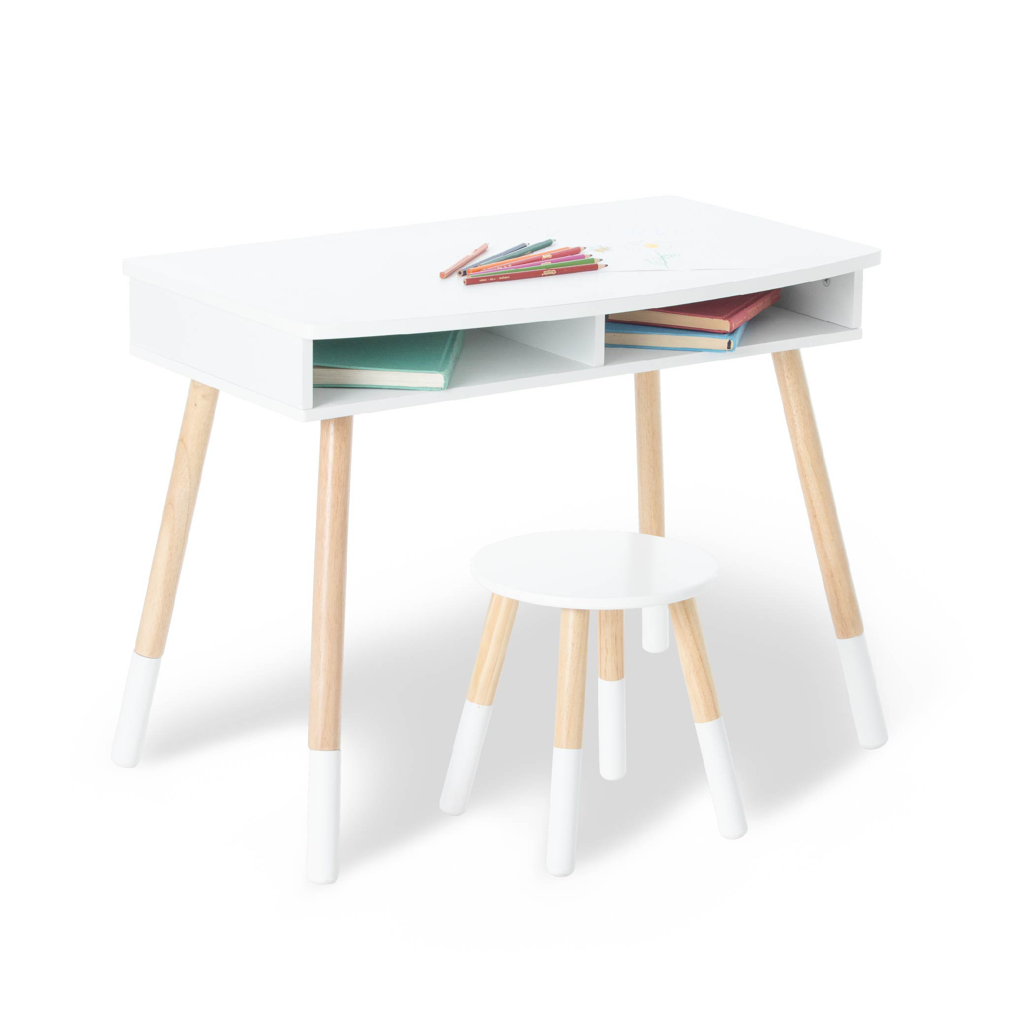 Premium Homework Desk And Stool Set - White W/ Natural, FDP00060