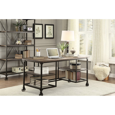 Bureau d'écriture rectangulaire à 4 tablettes, aspect traditionnel moderne, finition noire naturelle et rustique, tablettes en bois d'ingénierie et métal, matériau en métal, informations partagées