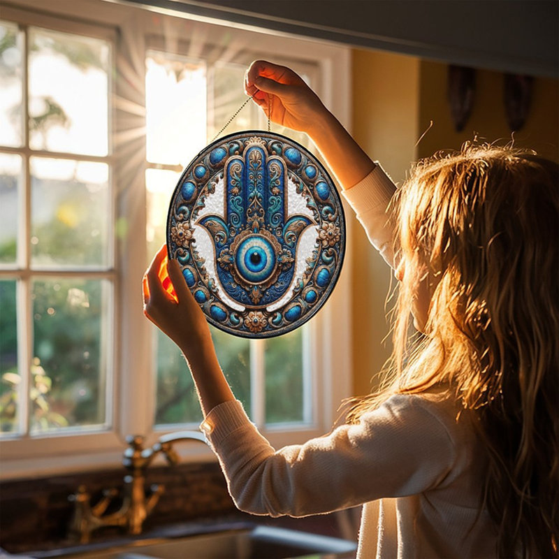 Panneau de verre Hamsa Evil Eye Suncatcher pour décoration de fenêtre, 3,5 x 3,5 po (9 x 9 cm)