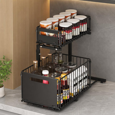 Pull Out Cabinet Organizer, 2 Tier Under Sink Organizer, Kitchen Bathroom and Storage with Sliding Drawer for Kitchen Bathroom Pantry Closet Organizat
