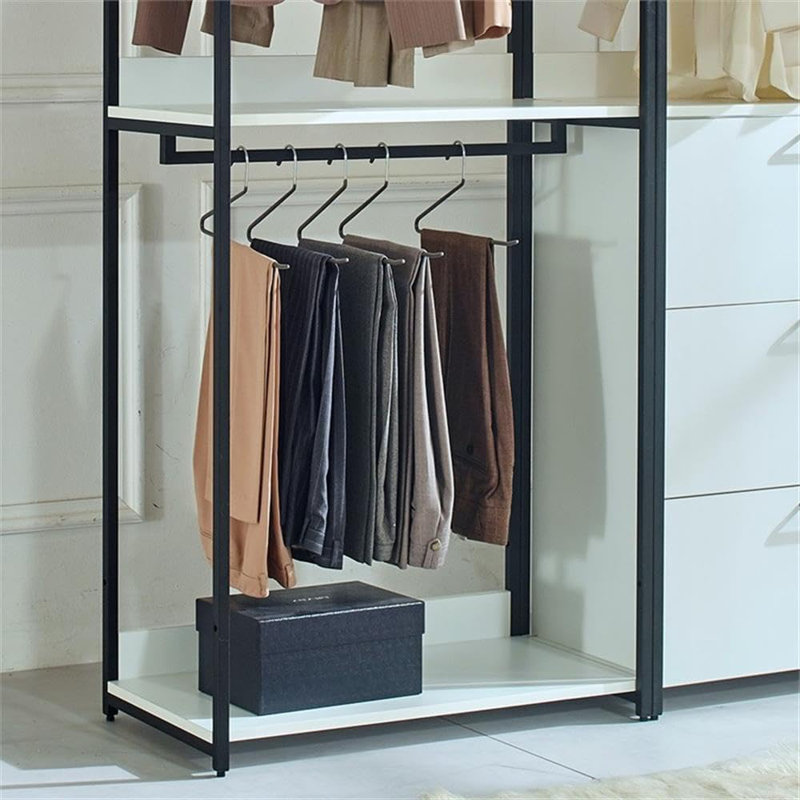  White Freestanding Walk in Wood Closet System with Sturdy Metal Frame Design